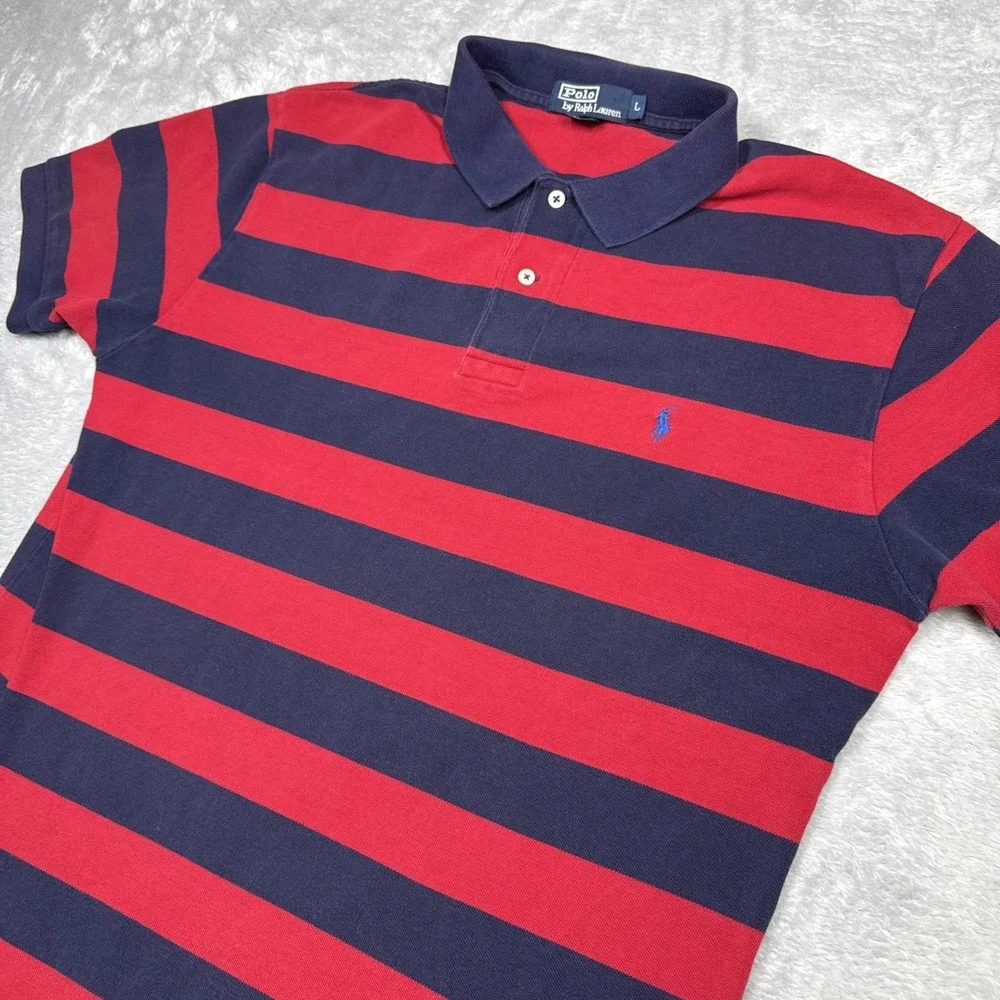 Vintage Polo Ralph Lauren Polo Shirt Men L Blue Red Striped Distressed